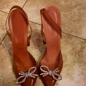 Clarks Tan Heels with Rhinestone Bow